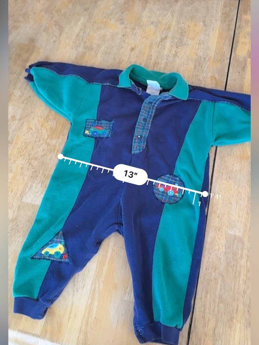 Vintage Cuties By Judy Teal and Navy Baby One-Piece Bodysuit with Car Appliqués